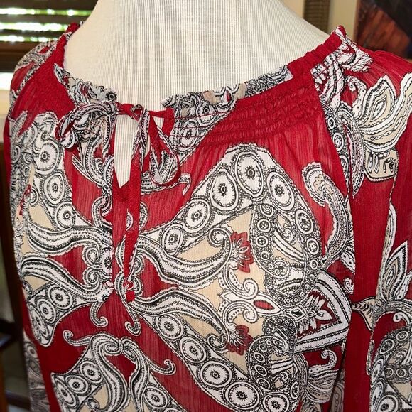 Chico’s Sheer Burgundy Paisley Ruffle Sleeve Tie Front Tunic Size 3 (XL) - Picture 5 of 11
